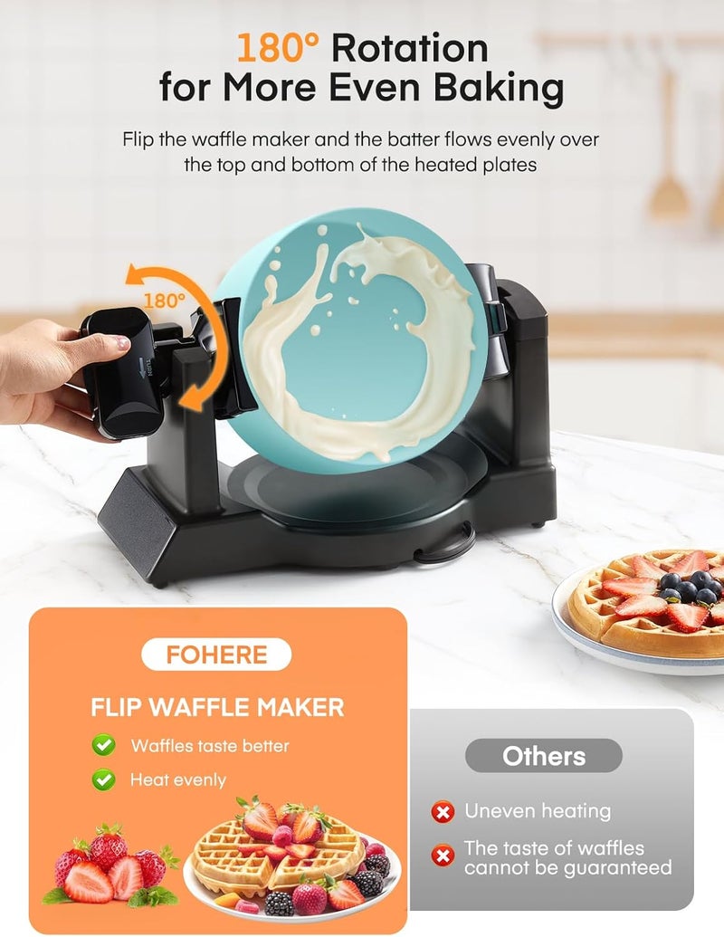 FOHERE Waffle Maker, 1400W Double Belgian Waffle Iron 180° Flip, 8 Slices in 3 Mins, Rotating & Nonstick Plates, Anti-Scald, Removable Drip Tray Easy to Clean, Cool Touch Handle, Space-Saving (Mint Blue) - Image 3